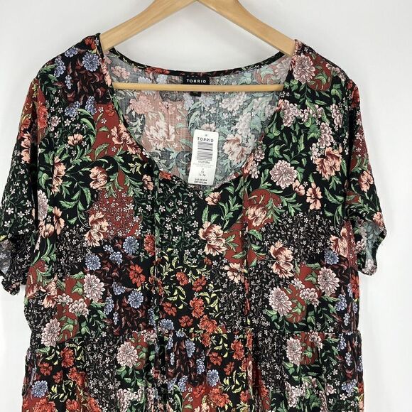 Torrid Top Size 1 Womens Black Red Lenny Floral Babydoll Blouse Boho Slub Tie - Picture 2 of 8